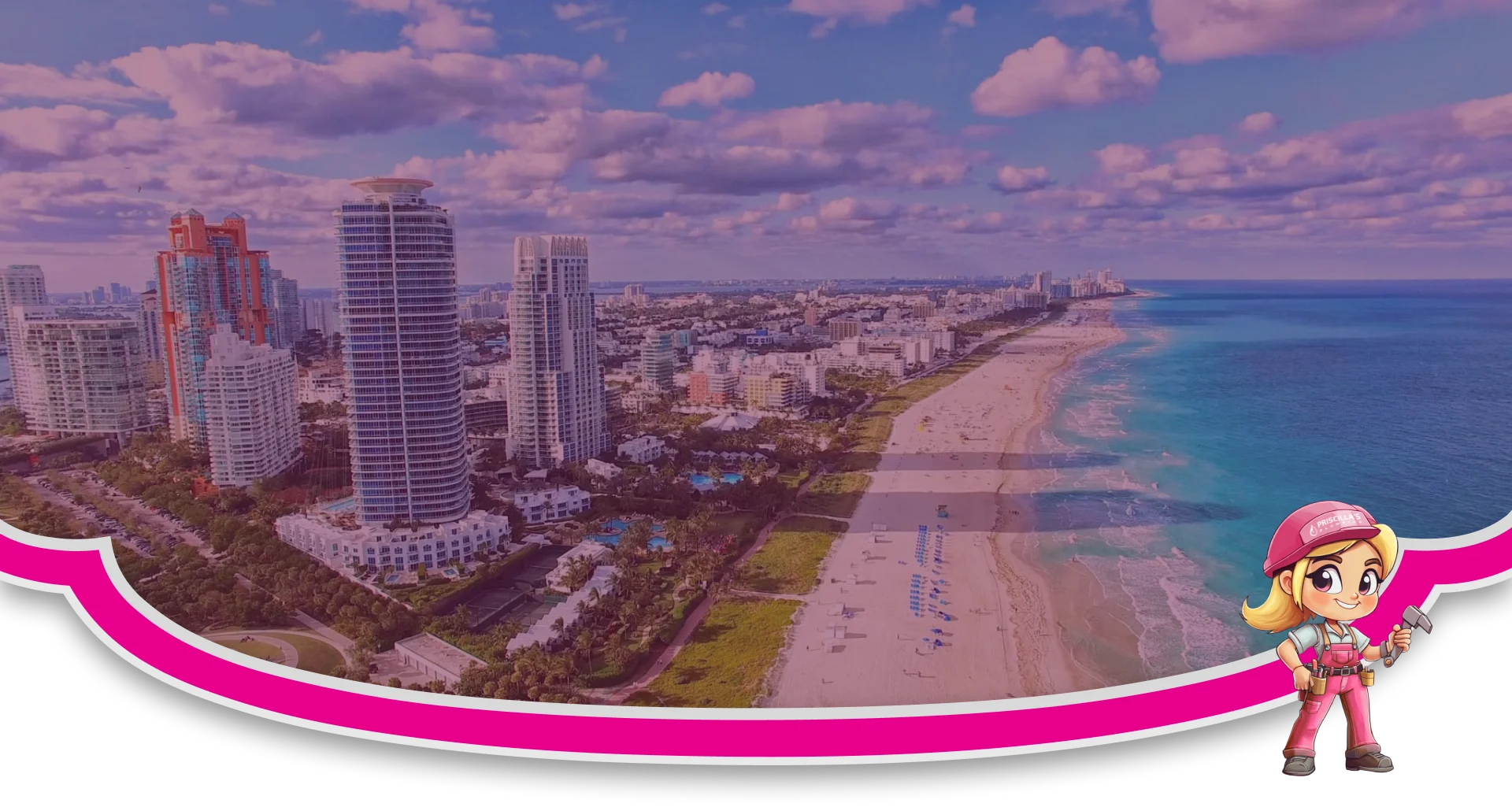 Cute mascot character stands by beach with south florida plumbing company Priscilla's Plumbing logo.