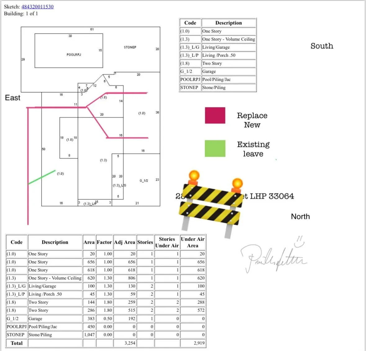 Technical sketch and floor plan map with renovation key and data.