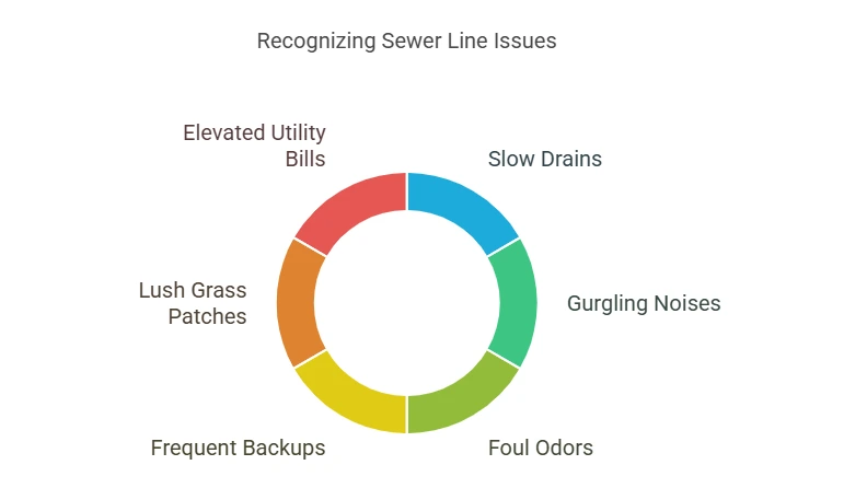 Recognizing Sewer Line Issues: elevated bills, slow drains, gurgling, foul odors, backups, lush grass.