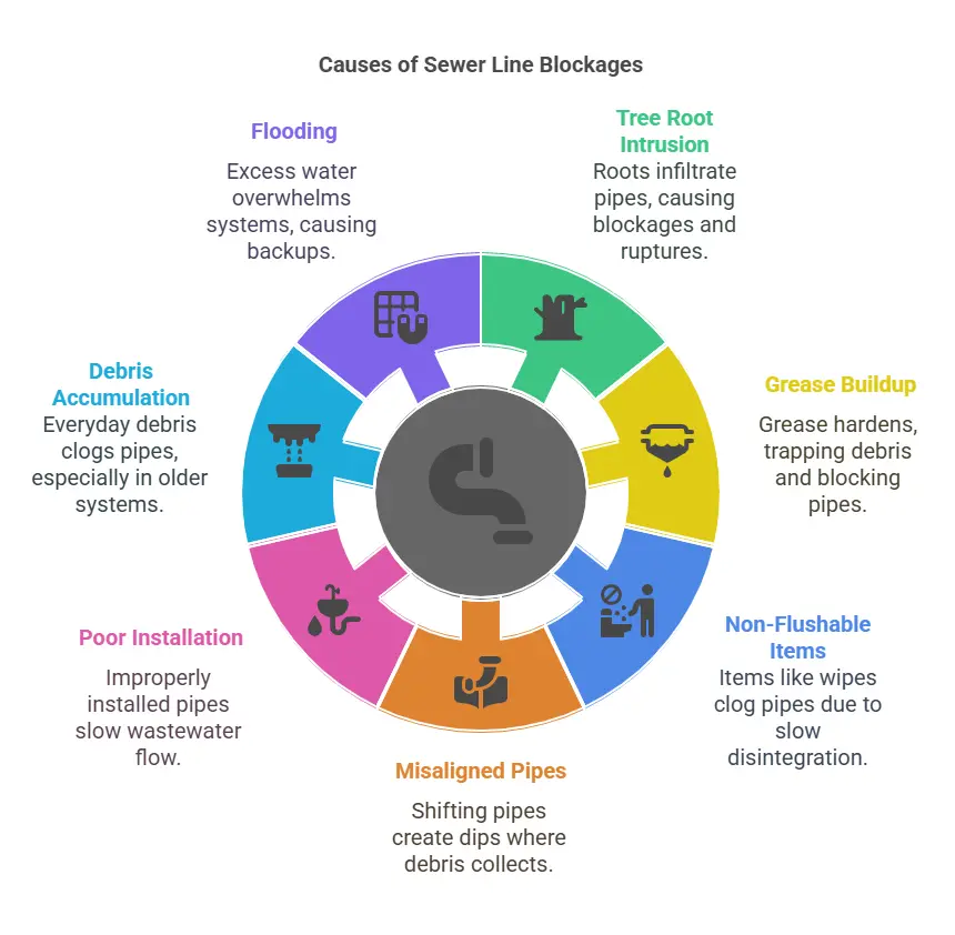 Causes of Sewer Line Blockages: flooding, tree roots, grease, non-flushable items, misaligned pipes, poor installation, debris.