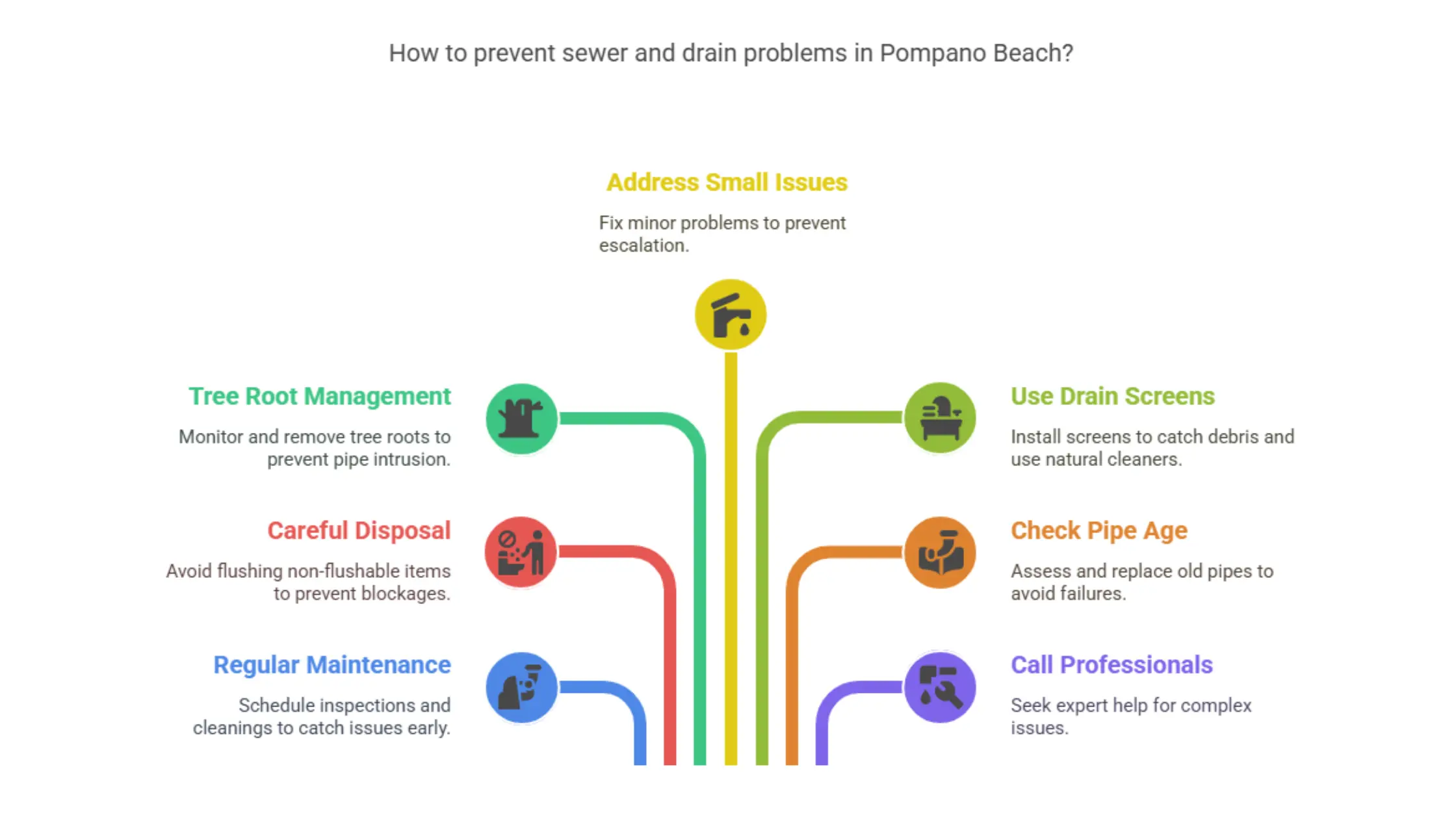 How to prevent sewer and drain problems in Pompano Beach: Address Small Issues, Use Drain Screens, Check Pipe Age, Call Professionals, Regular Maintenance, Careful Disposal, Tree Root Management.