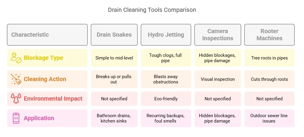 Drain Cleaning Tools Comparison: Drain Snakes, Hydro Jetting, Camera Inspections, Rooter Machines - characteristics, blockage type, action, environmental impact, application.