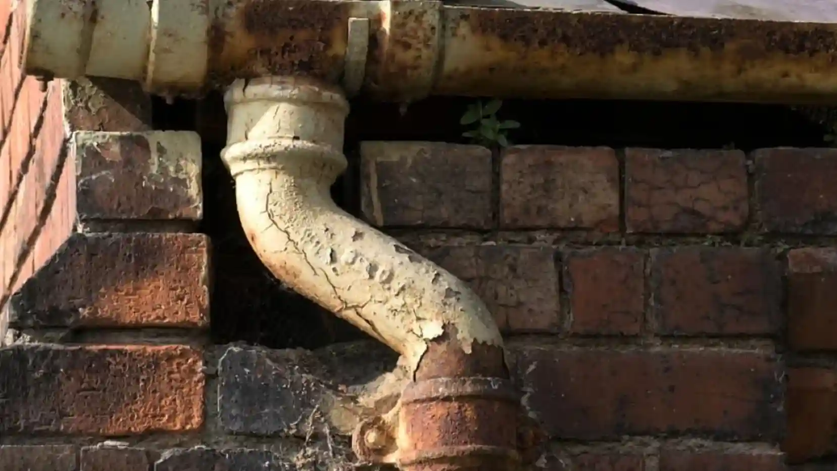 A severely rusted and damaged white-painted cast iron pipe and downspout section attached to an old brick wall, with peeling paint.