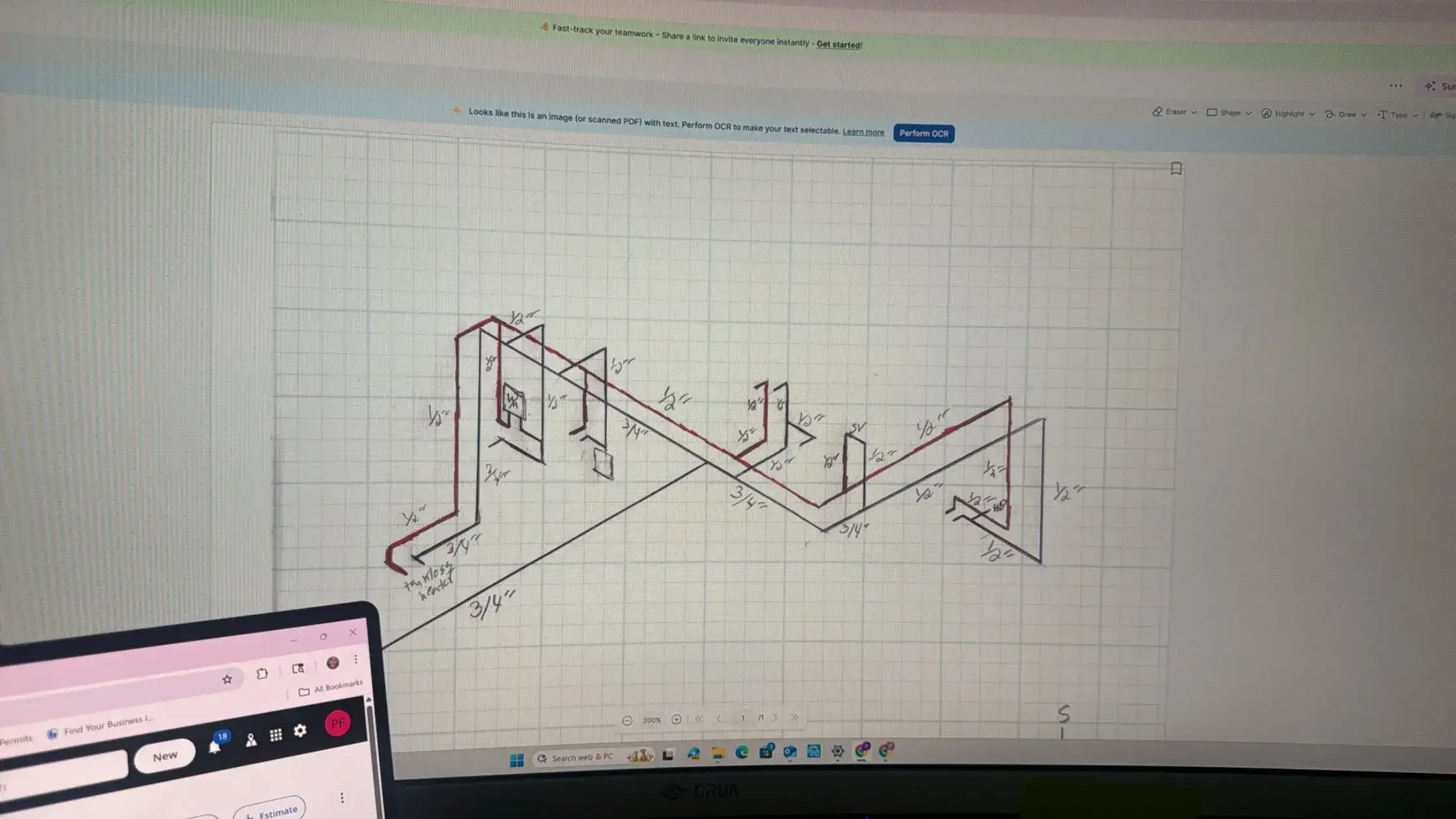Screen displaying a technical drawing of a water line design.
