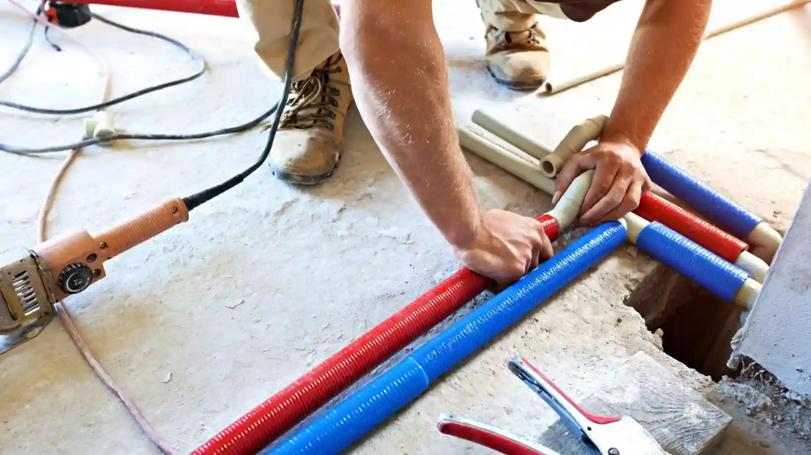 Plumber working on red and blue pipes on a concrete floor.