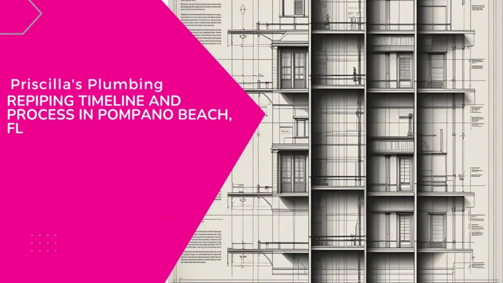 An architectural blueprint of a building, showing a detailed repiping timeline and process or structural layout.