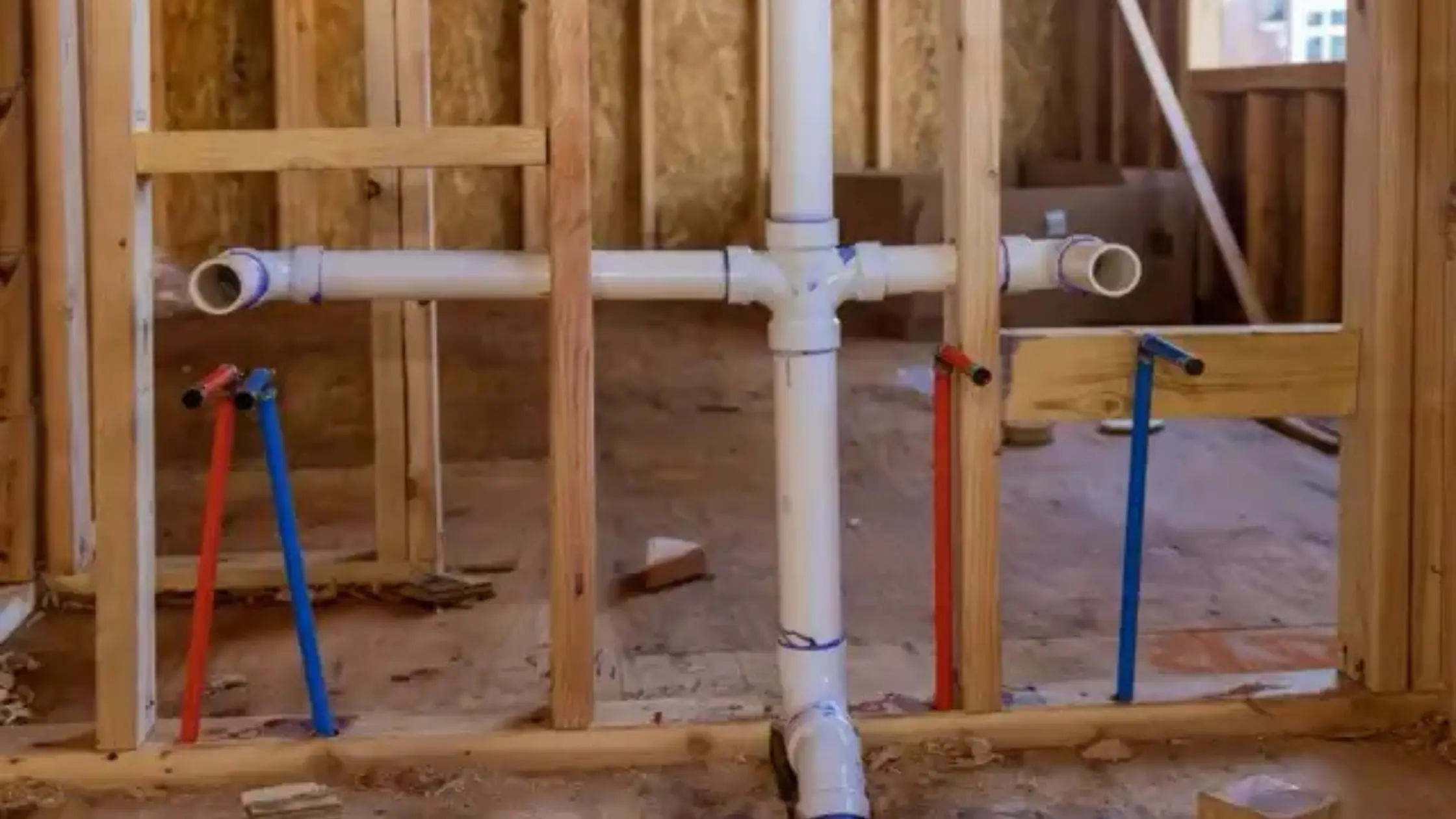 New white plumbing pipes installed inside a wall frame, illustrating common repiping challenges.