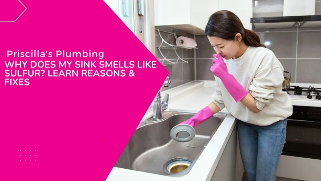 Woman holding nose while checking kitchen drain, showing why sink smells like sulfur.